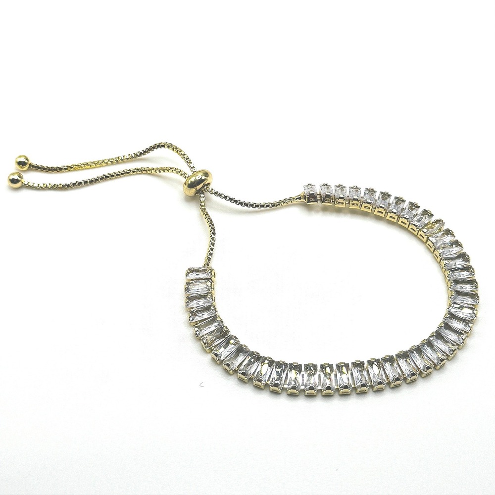 Swarovski Crystal Baguette Gold Overlay Tennis Bracelet Adjustable Bolo Slider